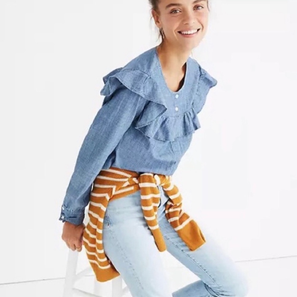 Madewell Denim Ruffle Long Sleeve Button Down Shirt